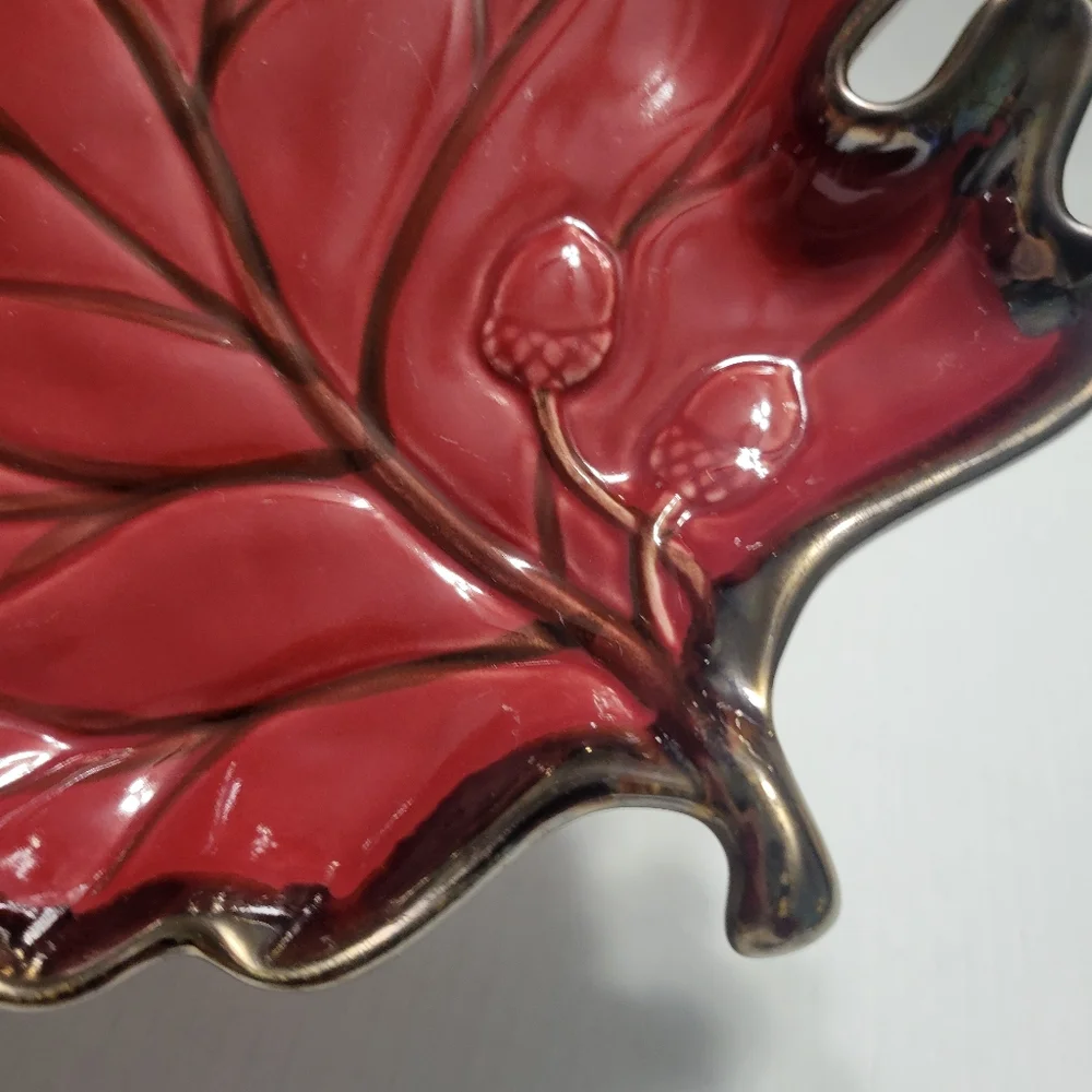 Stoneware Hand Painted Red Leaf bowl with gold trim